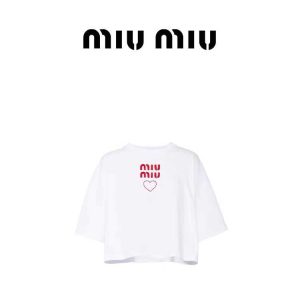 MiuMiu Clothing T-Shirt Embroidery Cotton Knitting Short Sleeve