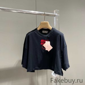 MiuMiu Clothing T-Shirt Embroidery Cotton Knitting Short Sleeve