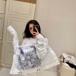 Dior Clothing Jacket Blue White Printing Spring Collection Long Sleeve