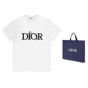 Dior Clothing T-Shirt Replica 1:1 Black Gold White Embroidery Unisex Cotton Spring/Summer Collection Short Sleeve