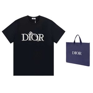 Dior Replicas Clothing T-Shirt Black Gold White Embroidery Unisex Cotton Spring/Summer Collection Short Sleeve