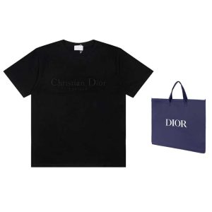 Dior Clothing T-Shirt Black White Embroidery Unisex Spring Collection Short Sleeve